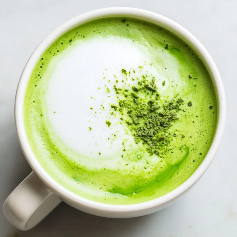 Two servings of frothy Matcha Green Tea Latte beside matcha powder and a bamboo whisk.