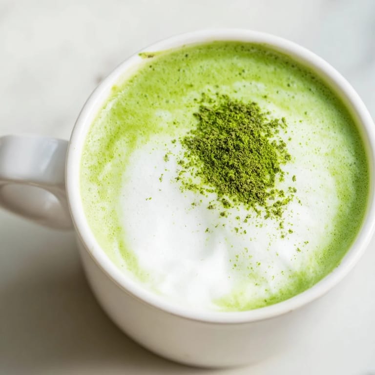 Lush green Matcha Green Tea Latte in a glass mug with soft foam, ready to sip.