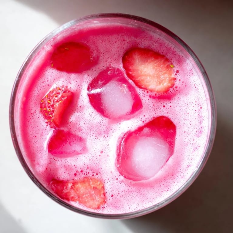 Refresher Copycat Pink Drink served over ice with fresh strawberry slices and a swirl of pink strawberry syrup.