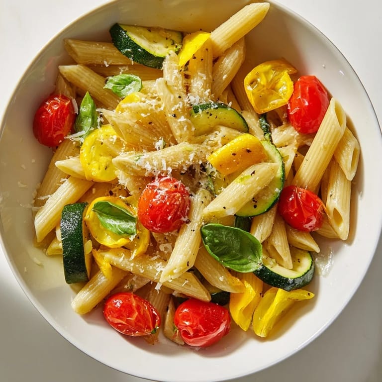 Steaming Garden Veggie Pasta served on a rustic wooden table, highlighting al dente penne tossed with colorful garden-fresh vegetables.