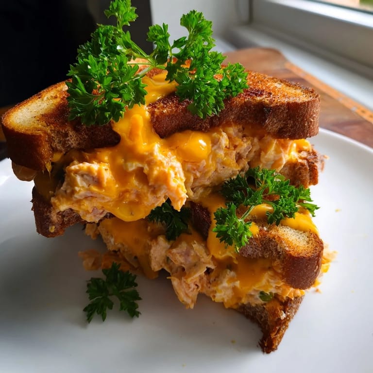 Spicy Tuna Melt with thick tomato slices on sourdough, cut diagonally for a juicy, comforting sandwich ideal for lunch.