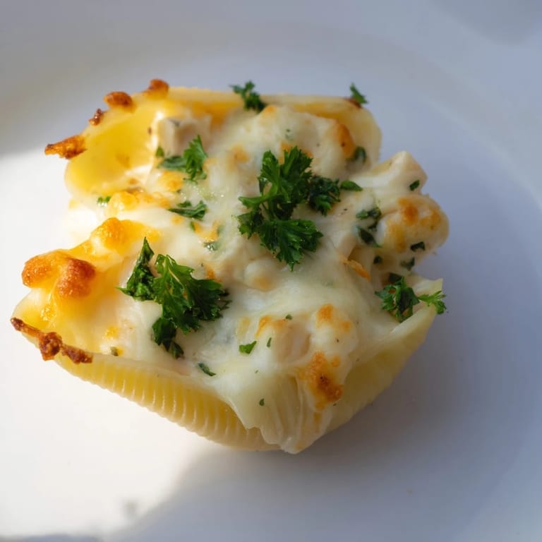 Serve these savory Chicken Alfredo Stuffed Shells garnished with fresh parsley alongside a crisp garden salad for dinner.