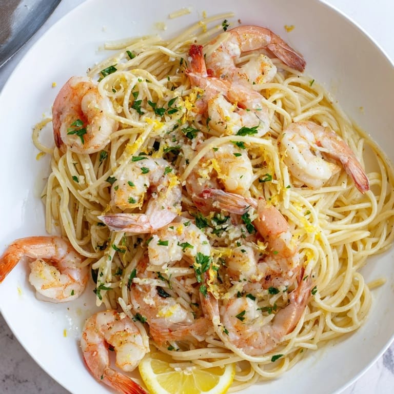 A rustic wooden table holds Lemon Garlic Shrimp Pasta in a ceramic bowl, with lemon wedges and a sprinkle of Parmesan nearby.