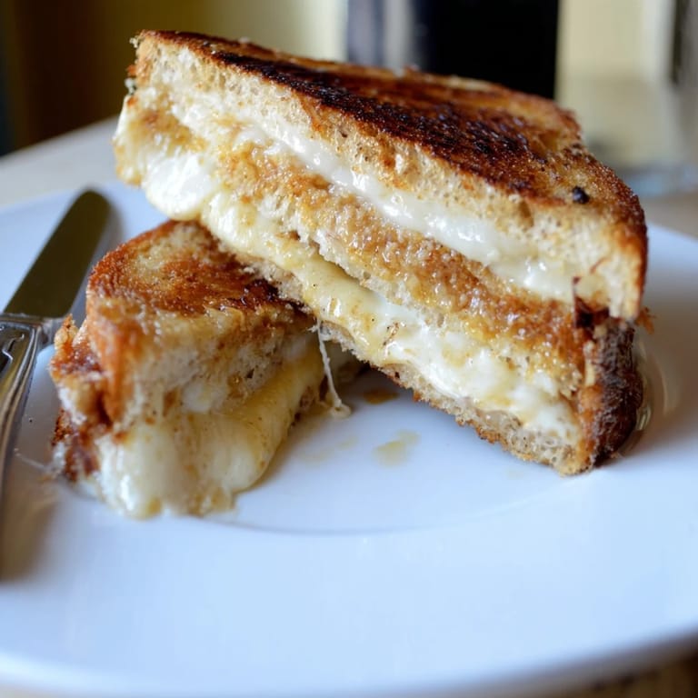 Golden Three-Cheese Grilled Cheese slices served on a plate, ready to be dipped into a warm bowl of tomato soup.