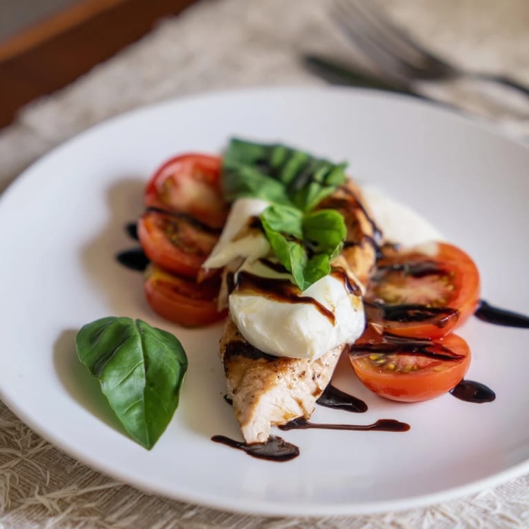 Sizzling Caprese Chicken Skillet in a skillet, garnished with basil and drizzled with sweet balsamic glaze.