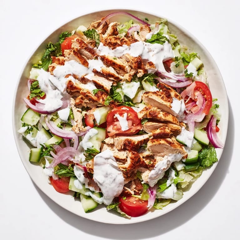Freshly prepared Chicken Shawarma Salad with spiced chicken, crisp vegetables, and a tangy yogurt sauce on a rustic plate.