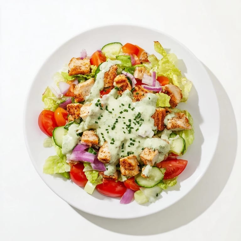 Fresh avocado ranch chicken salad served in a bowl with cherry tomatoes, cucumbers, and vibrant herbs.