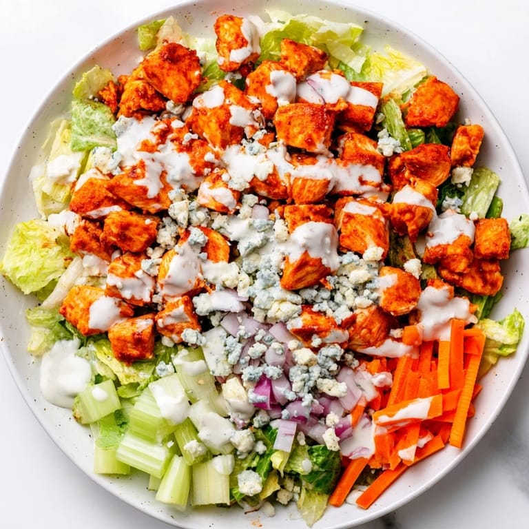 Savory buffalo chicken salad features tender pieces of spicy poultry, crunchy vegetables, and a drizzle of cool ranch dressing on top.