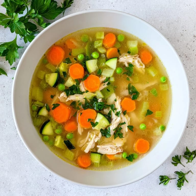 Spring Garden Chicken Soup served hot in a rustic bowl, bright with peas and a squeeze of lemon for freshness.