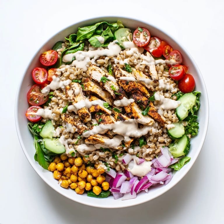 A close-up of the Lemon Tahini Chicken Power Bowl reveals colorful cherry tomatoes and cucumber, perfect for a healthy meal.