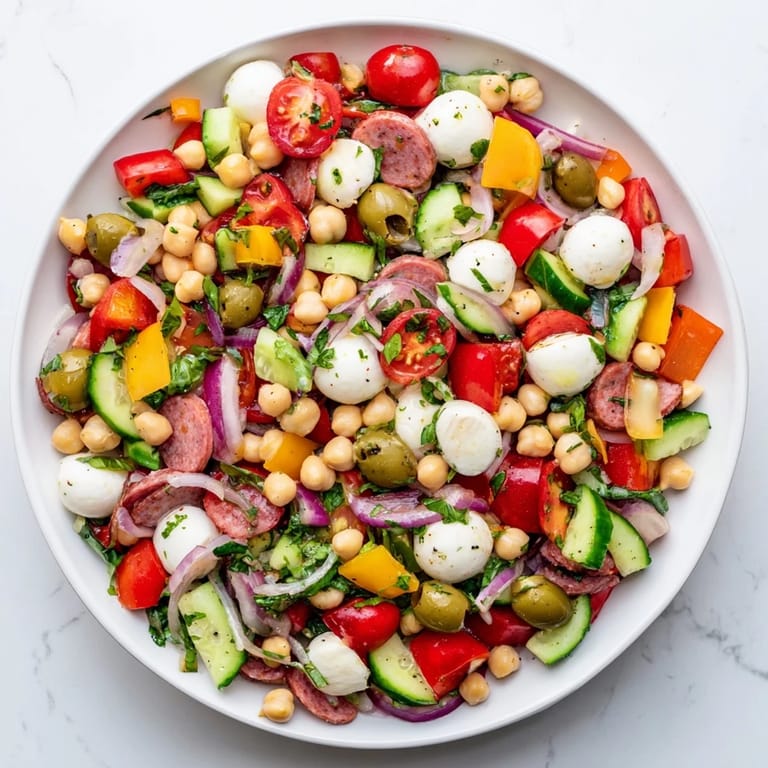 A close-up of the colorful Crunchy Antipasto Chopped Salad ready to be served for lunch.