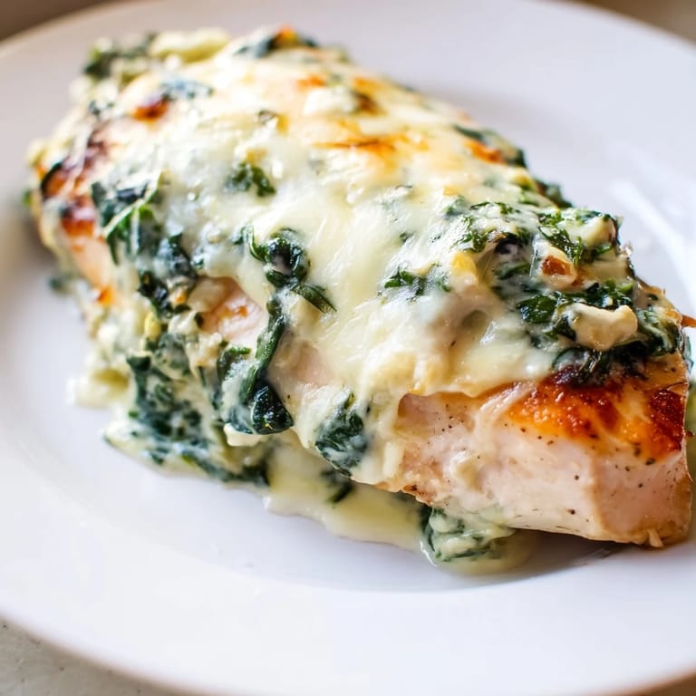 Tender chicken breasts coated in a creamy, cheesy spinach and artichoke Greek yogurt topping.  