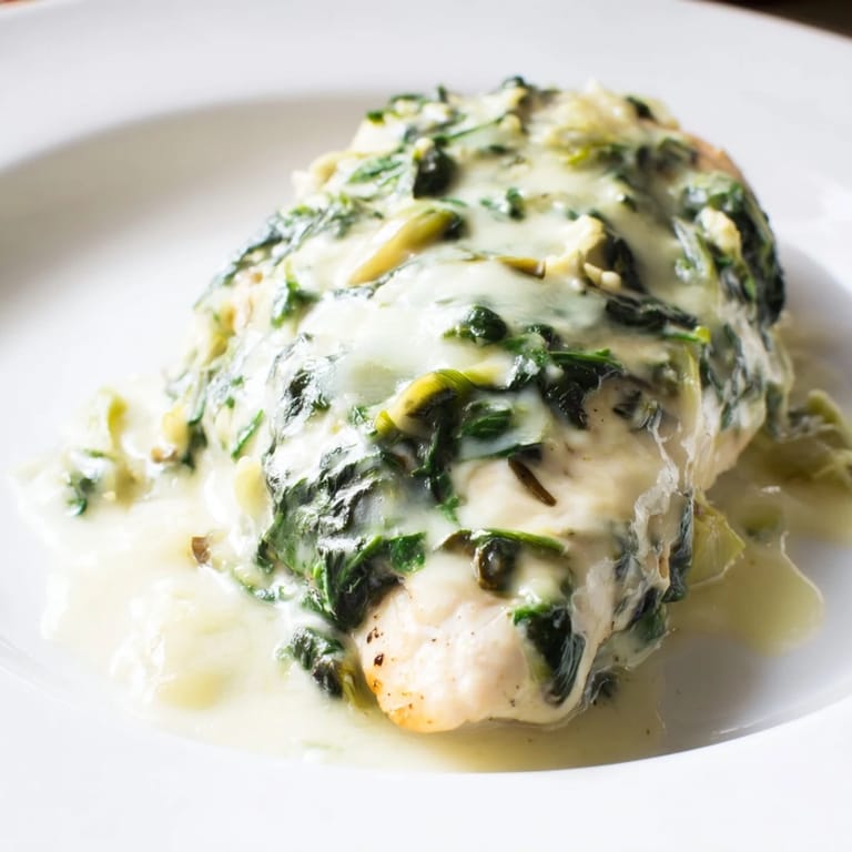 Baked Spinach & Artichoke Chicken Bake, golden and bubbly, with steam rising above tender chicken breasts.