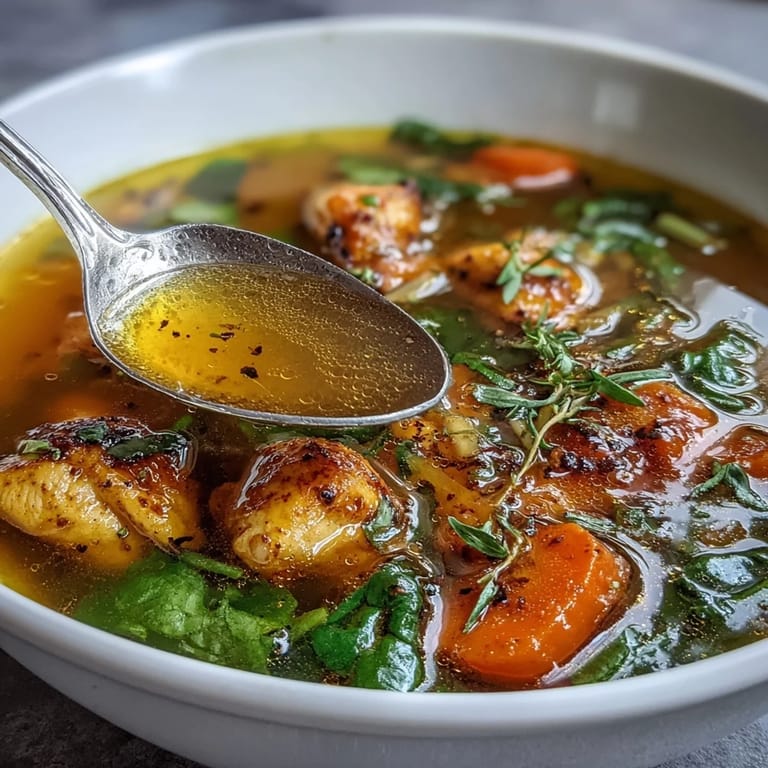 A close-up of Turmeric Chicken Soup with tender chicken, carrots, and wilted spinach, ready to enjoy on a chilly evening.  