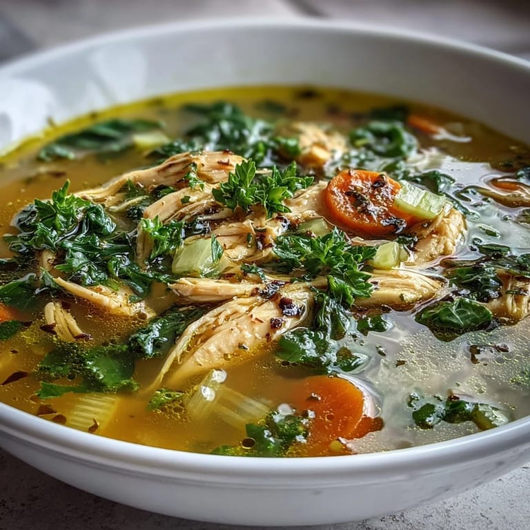Bowl of High Protein Lemon and Turmeric Chicken Soup garnished with fresh dill and lemon wedges beside crusty gluten-free bread.