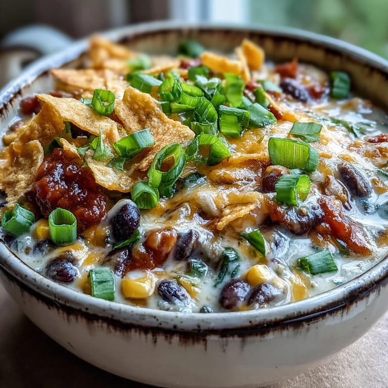 Rich, creamy taco soup with a Tex-Mex blend, garnished with cilantro, sour cream, and a sprinkle of cheese.