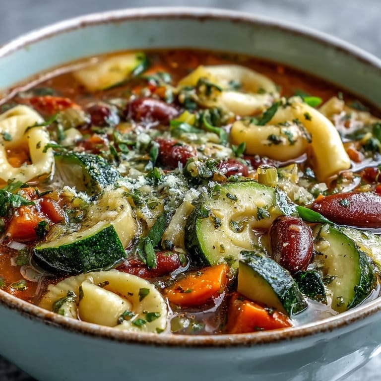 Homemade Minestrone Soup in a rustic ceramic bowl, showcasing tender pasta, creamy cannellini beans, and vibrant spinach.
