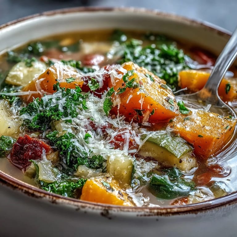 Winter Minestrone Soup in a white bowl with fresh parsley and crusty bread for dipping.