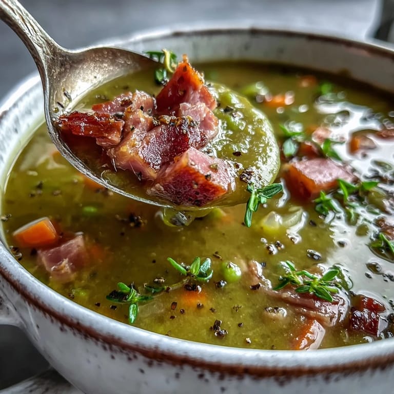 A close-up of a comforting bowl of Split Pea and Ham Soup garnished with fresh parsley and diced ham.