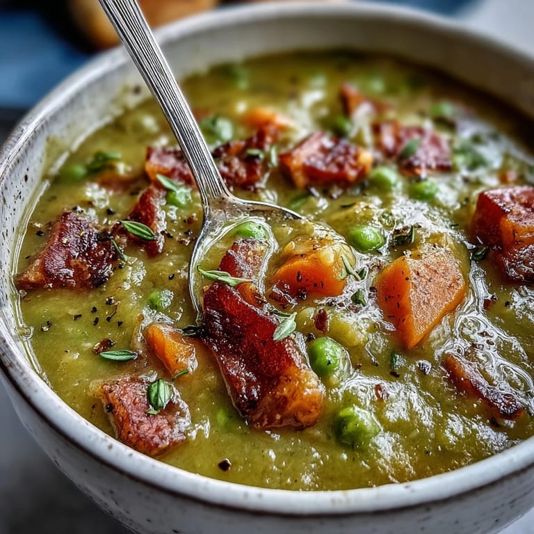 Homemade Split Pea and Ham Soup served in a rustic bread bowl, perfect for a cozy winter dinner.