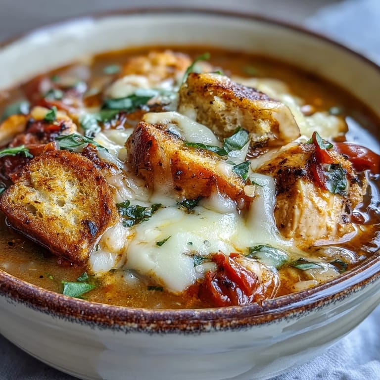 Hearty Grilled Chicken Parmesan Soup in a white bowl, topped with shredded Parmesan and fresh basil, inspired by classic Italian-American flavors.
