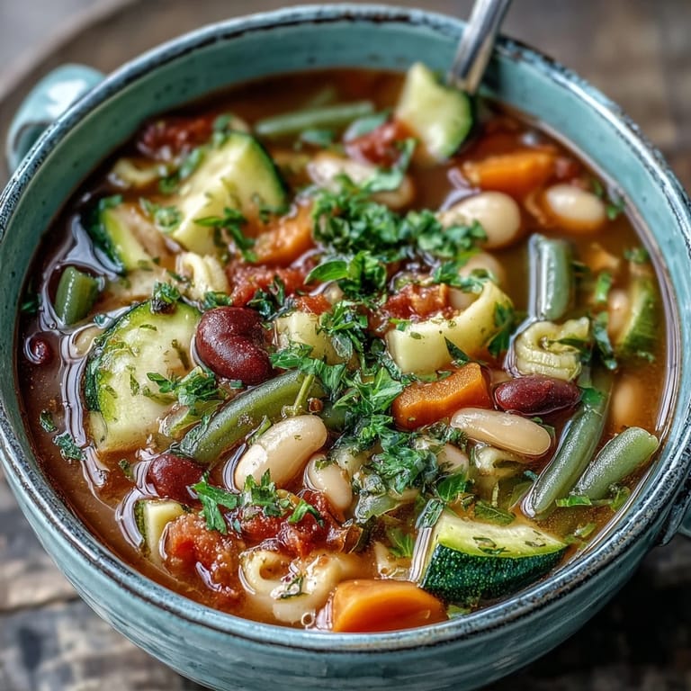 A close-up of classic Italian minestrone soup, garnished with fresh parsley and Parmesan cheese.
