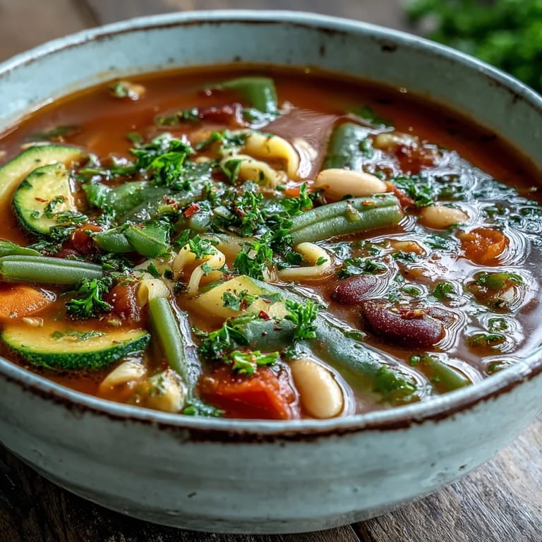 Wholesome vegetarian minestrone soup served in a cozy bowl, perfect for a comforting meal.