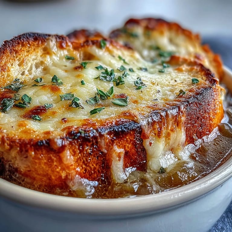 Deeply caramelized onions and savory broth fill this classic Dutch Oven French Onion Soup served in a rustic bowl.