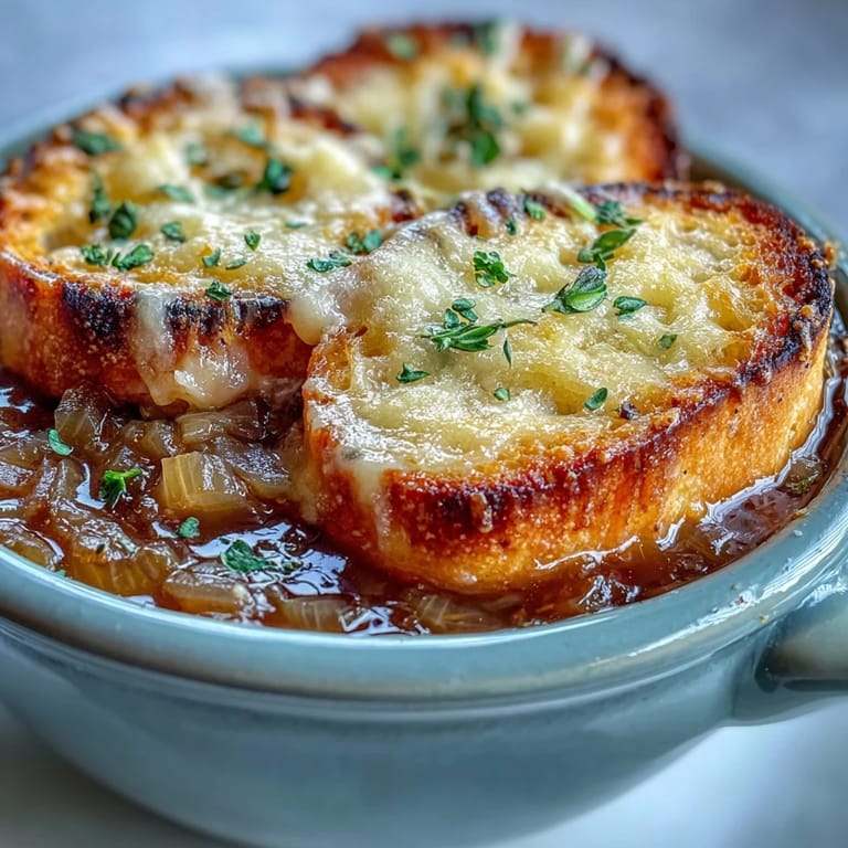 Cheesy, crusty-topped Dutch Oven French Onion Soup garnished with fresh thyme, ready to enjoy beside a glass of white wine.