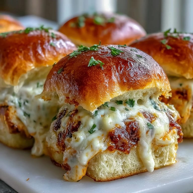 A close-up of cheesy Buffalo chicken pizza dip sliders on a plate, ready for a game day party.
