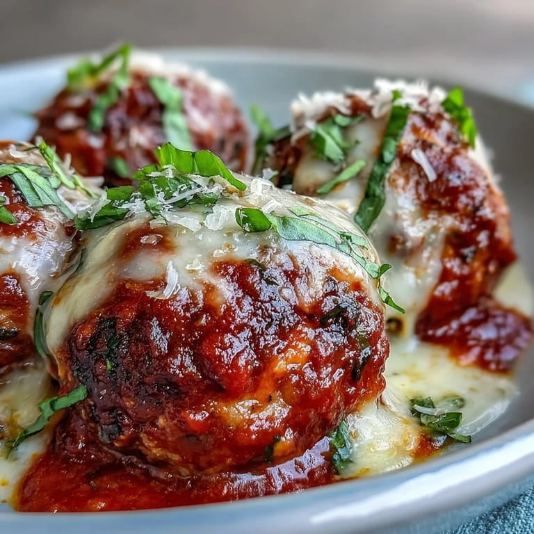 Tender beef meatballs enriched with garlic and melted cheese, nestled in rich marinara, presented beautifully on a white plate with a parsley garnish.