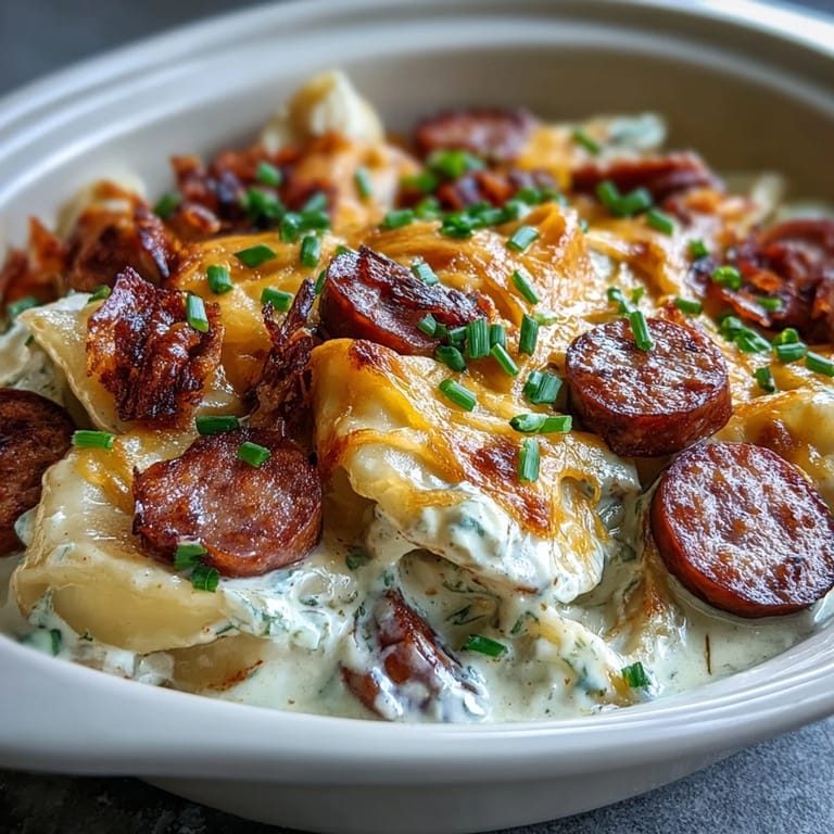 A spoon lifts cheesy pierogi from Crockpot Pierogi Casserole With Kielbasa, garnished with fresh chives.