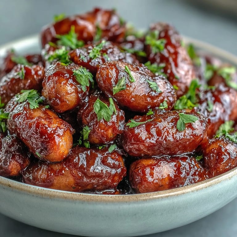 Sweet and sticky Crock Pot BBQ Cocktail Sausages garnished with fresh parsley on a white platter.