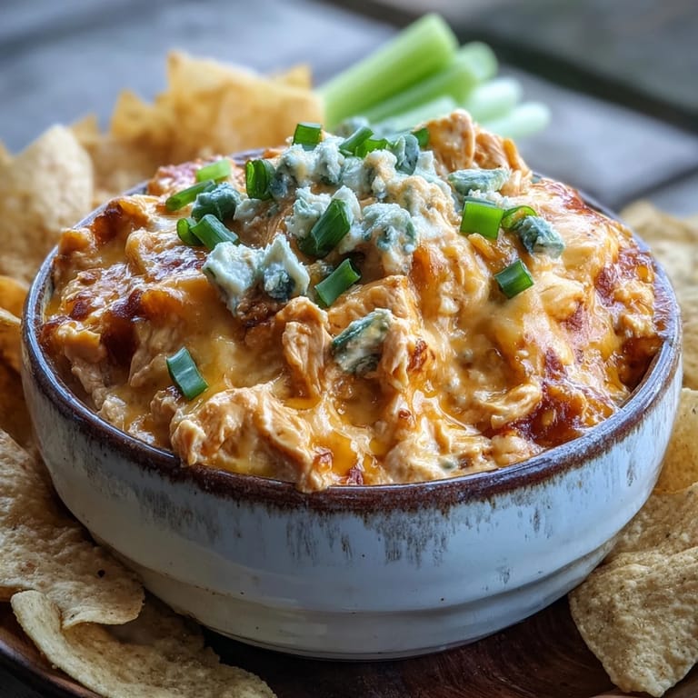 Spicy Crock Pot Buffalo Chicken Dip garnished with scallions and shredded cheese, ready for game day snacking.