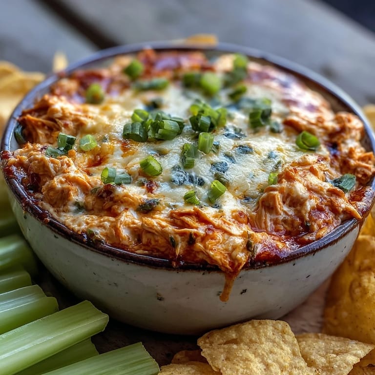 Serving warm Crock Pot Buffalo Chicken Dip with crunchy celery sticks, carrot sticks, and blue corn tortilla chips.