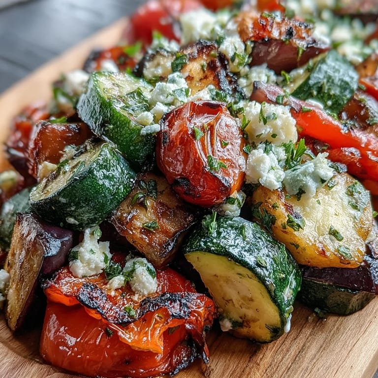 Caramelized roasted Mediterranean Greek vegetables featuring vibrant peppers and tomatoes, garnished with fresh parsley and served alongside warm pita bread.