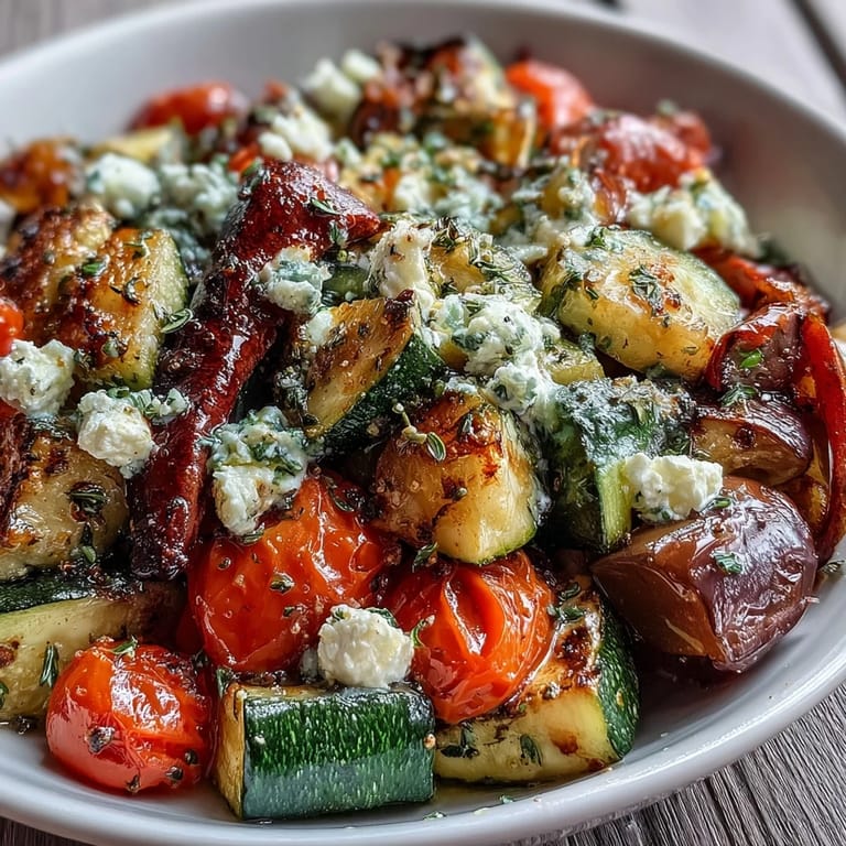 A healthy serving of roasted Mediterranean Greek vegetables with golden edges, drizzled with lemon juice and Kalamata olives on a rustic table.