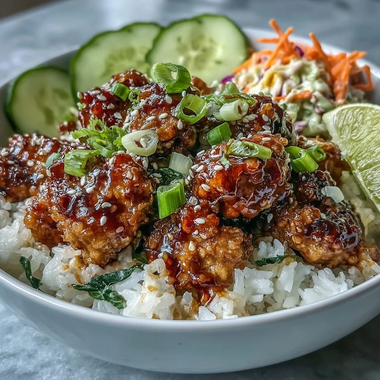 Warm Bang Bang Ground Turkey Rice Bowls topped with sesame seeds, scallions, cilantro, and lime wedges ready for serving.