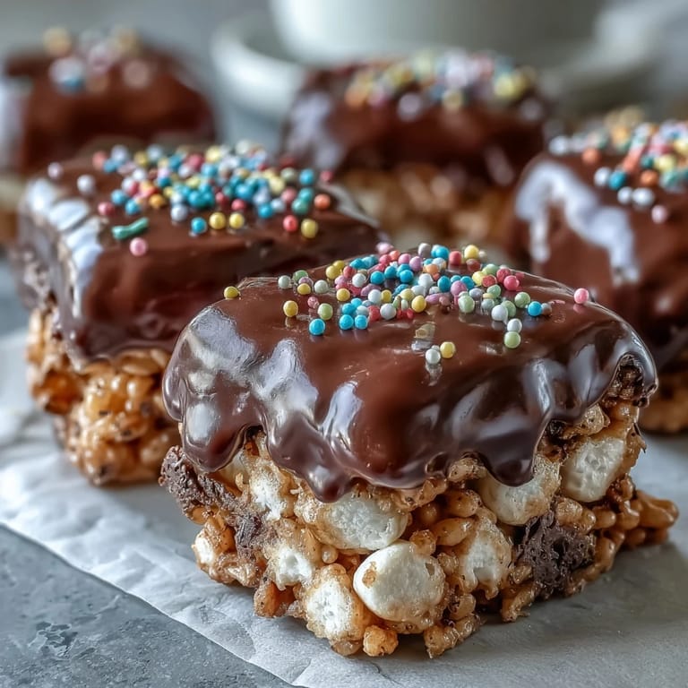 Crunchy marshmallow squares dipped in rich chocolate, topped with rainbow sprinkles for a festive and fun party dessert everyone loves.