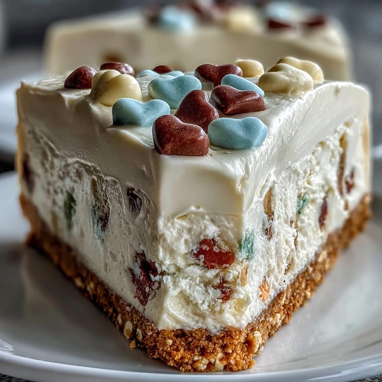 Close-up of Candy Hearts Fake Cake showing airy whipped cream and cream cheese layers, smooth frosting and colorful candy hearts against the buttery crust.