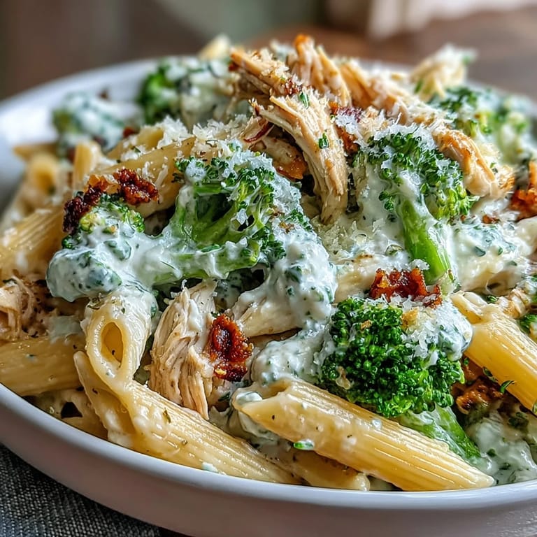 Creamy High Protein Rotisserie Chicken Broccoli Pasta garnished with fresh parsley and grated Parmesan cheese, ready to serve.