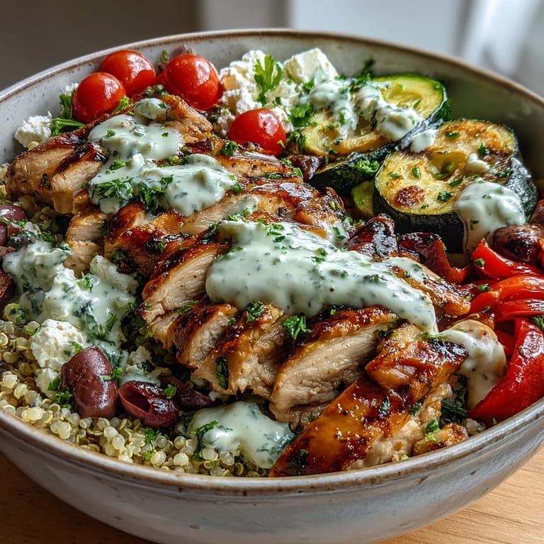 A scoop of creamy tzatziki drizzles over a Healthy Grilled Mediterranean Bowl topped with feta, olives, and fresh parsley.