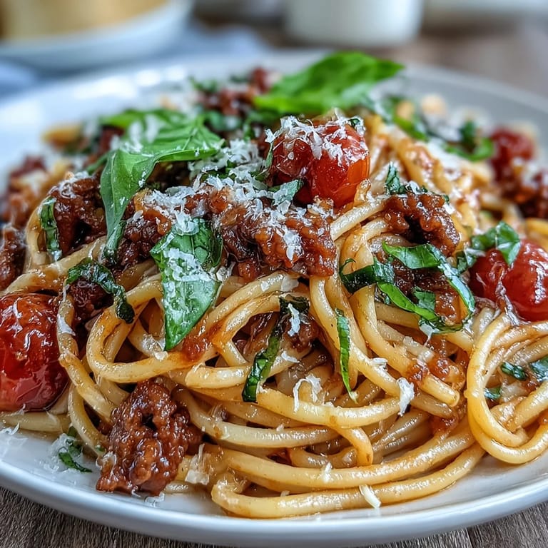 Perfectly cooked spaghetti coated in a bold, wine-kissed sauce, mingling with garlic, onion, and juicy tomatoes in a skillet.