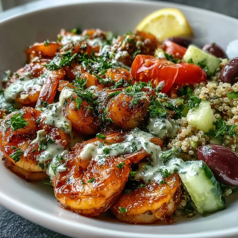 Healthy Mediterranean Shrimp Bowl garnished with parsley and lemon wedges, featuring quinoa and fresh veggies ready to serve.