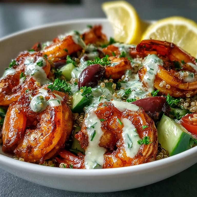 Succulent sautéed shrimp atop a Mediterranean grain bowl with spinach, red onion, and a lemony tahini drizzle.