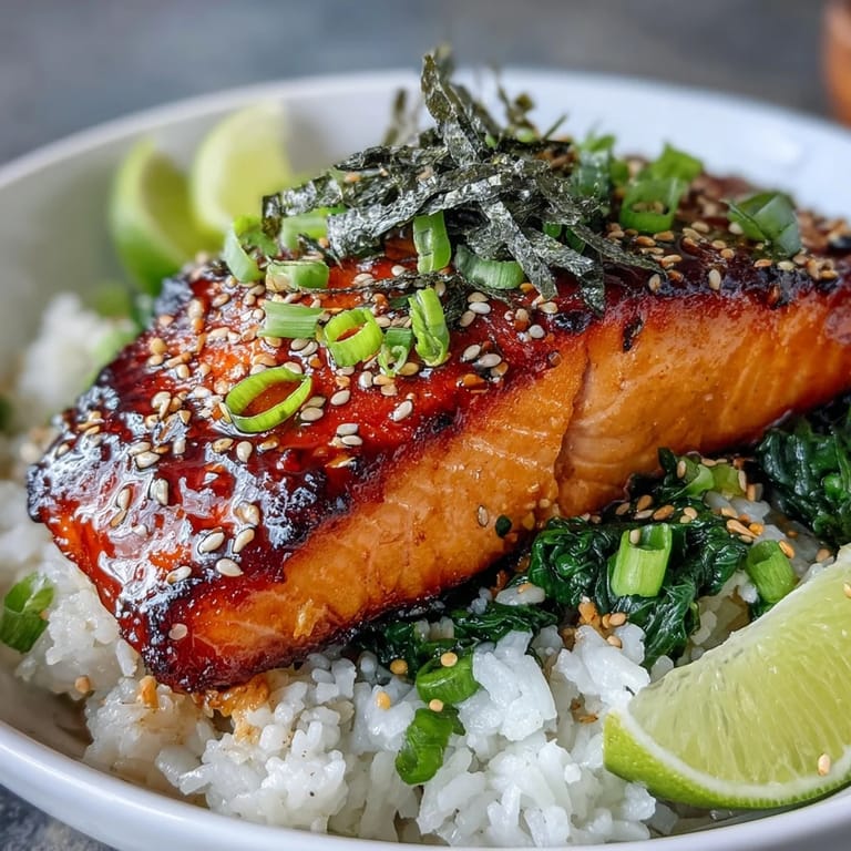 Flaky miso glazed salmon nestled on fragrant jasmine rice and wilted spinach, ideal for weeknight dinners.