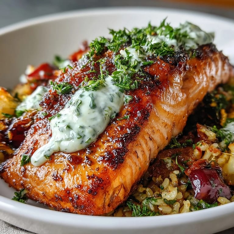 Vibrant Crispy rice salmon bowl with flaky salmon, zesty vegetables, and creamy lemon-yogurt sauce served in a rustic ceramic bowl.