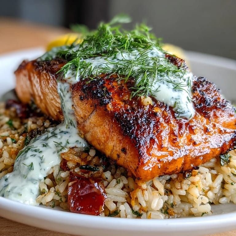 Close-up of crispy rice salmon bowl highlighting golden salmon, cherry tomatoes, olives, and fresh dill garnish on a bed of seasoned rice.