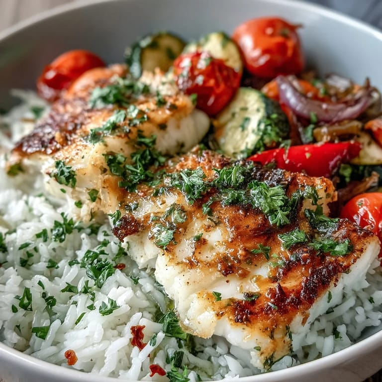 Golden-brown fish fillets sit atop steamed rice and caramelized vegetables in this delicious, healthy Pan-Seared Fish Bowl, ready to be enjoyed.