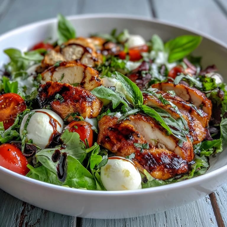 Vibrant Caprese Chicken Bowl drizzled with tangy balsamic reduction, extra-virgin olive oil, and cracked black pepper.